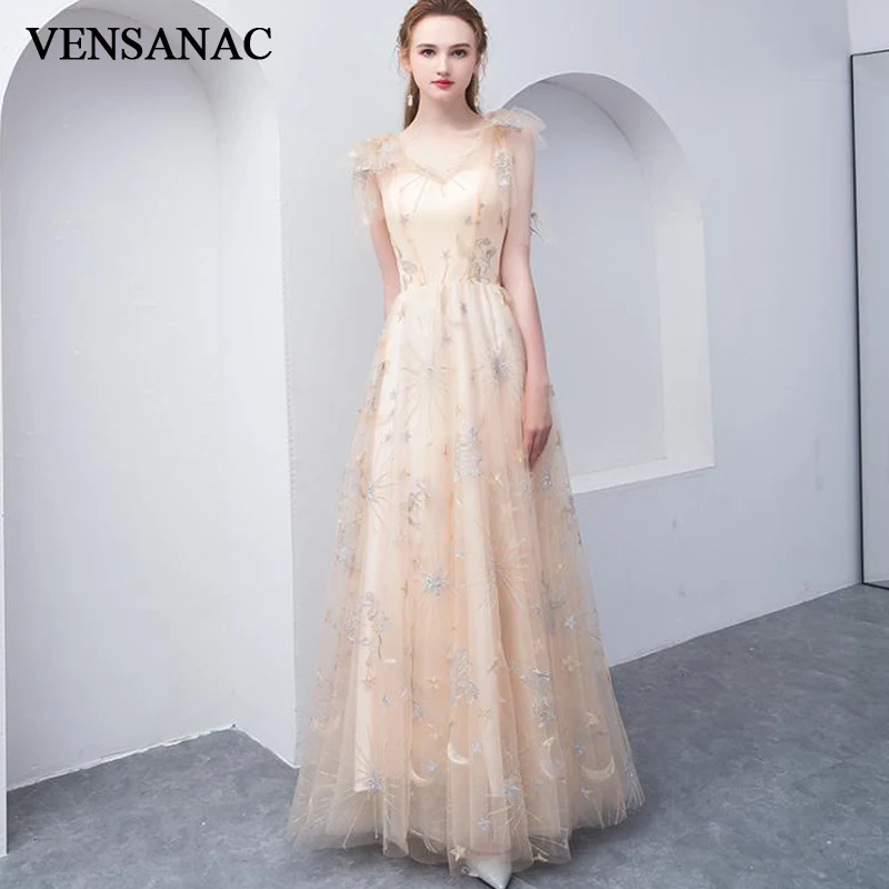 

VENSANAC Illusion V Neck Lace Appliques A Line Long Evening Dresses Elegant Party Tulle Prom Gowns