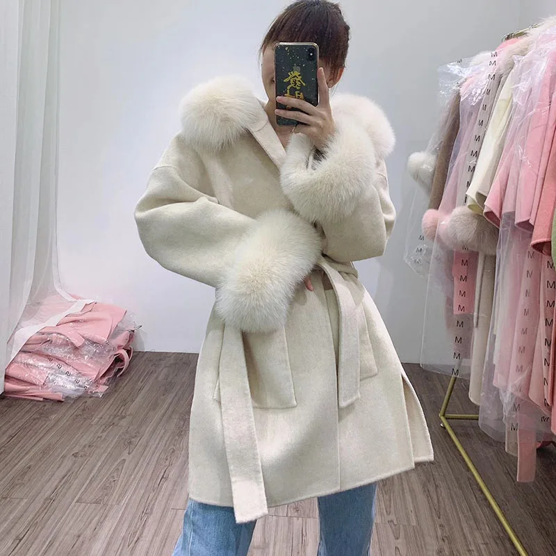 Loose Hooded Wool Blended Autumn Coat Women With Real Fox Fur Hood Trim Women Long Sleeve Female Wool Jacket With Hood With Fur