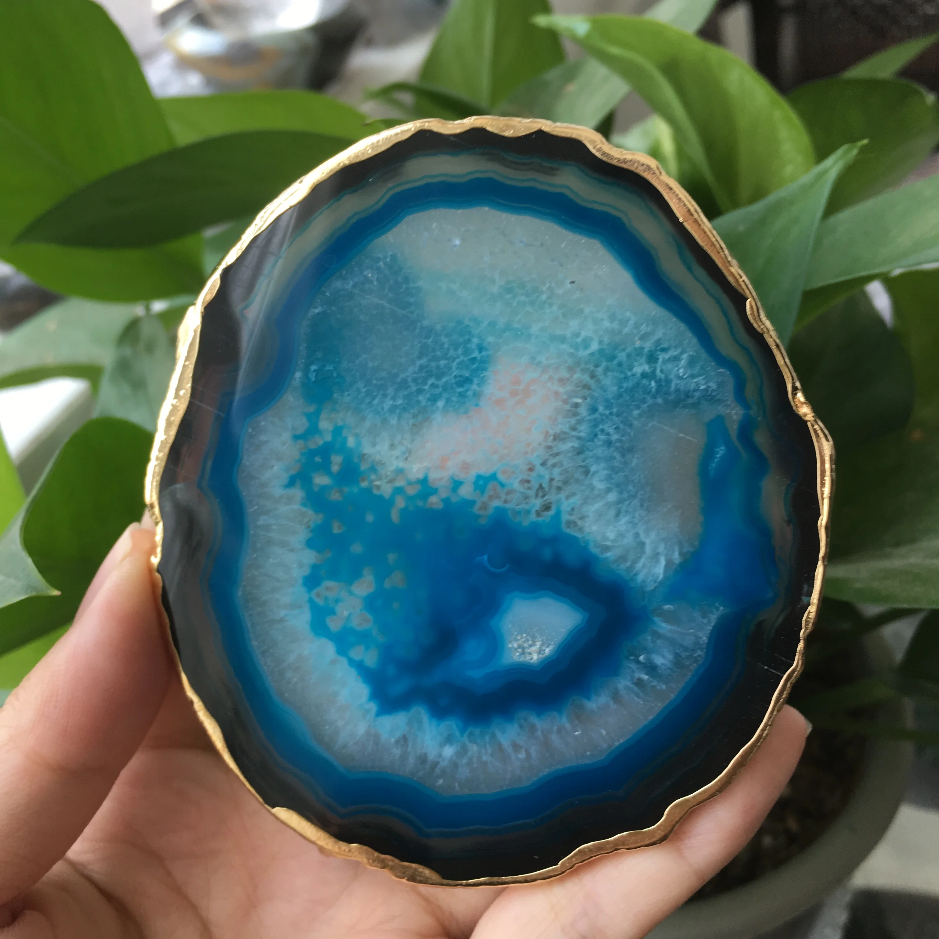 1pcs natural agate Geode piece insulated coasters crystal board jade agate coasters with gold-plated lace mineral trim