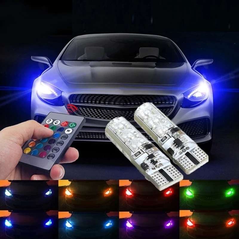 2x T10防水W5w 501車ウェッジサイドライトインテリアのBulb-6SMD 5050 rgb 7色ledリモコン (バッテリなし) ストロボフラッシュウェッジランプ