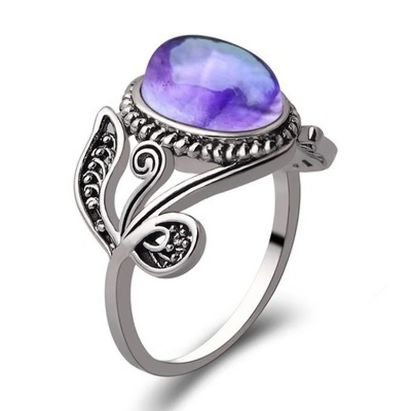 Hot Sale Vintage Purple Crystal Anicent Silver Color Leaves Branch Alloy Rings for Women Party Birthday Jewelry Accessories image 2