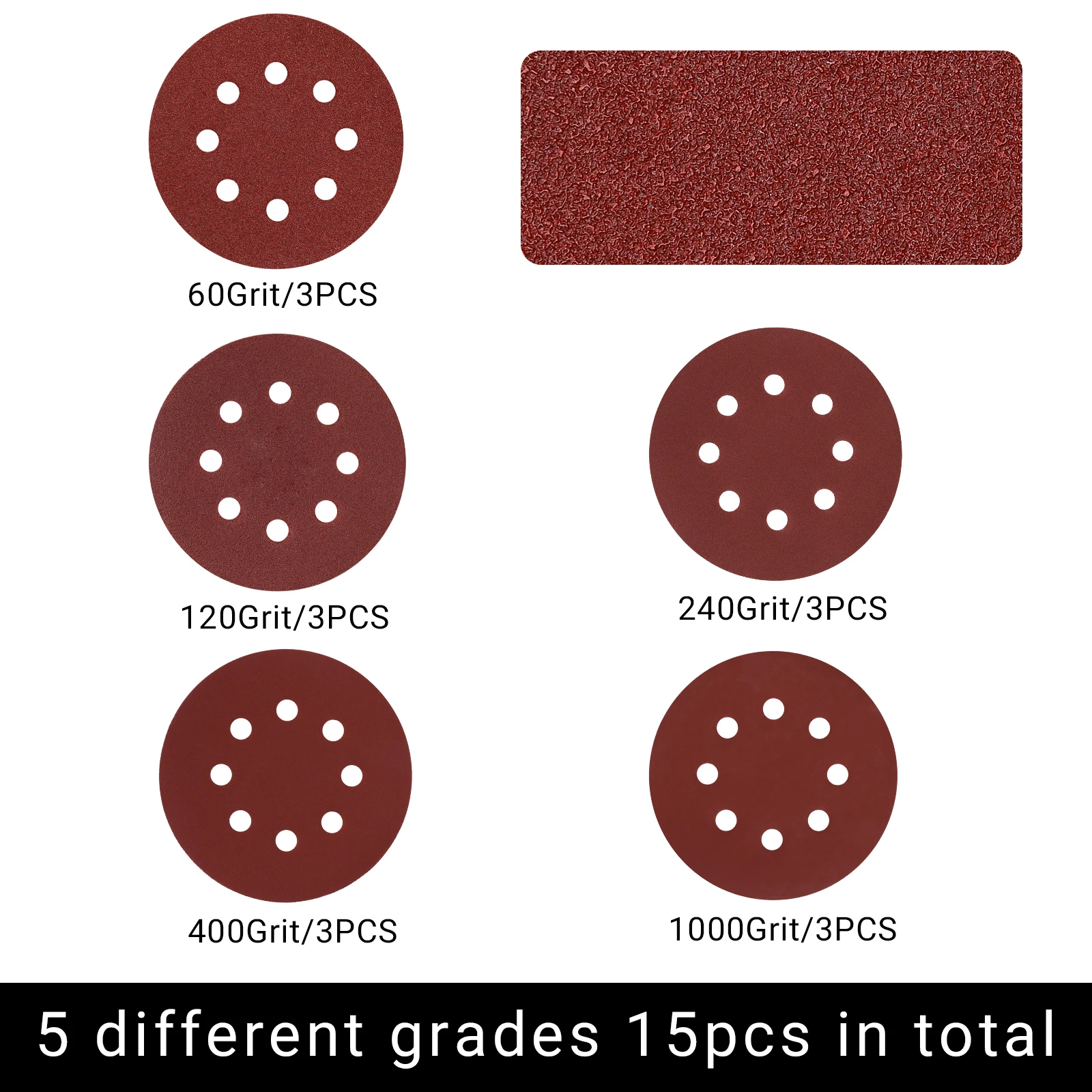 15pcs 125mm Sandpaper Round Shape Sanding Discs Hook Loop Sanding Paper Buffing Sheet Sandpaper 8 Hole Sander Polishing Pad