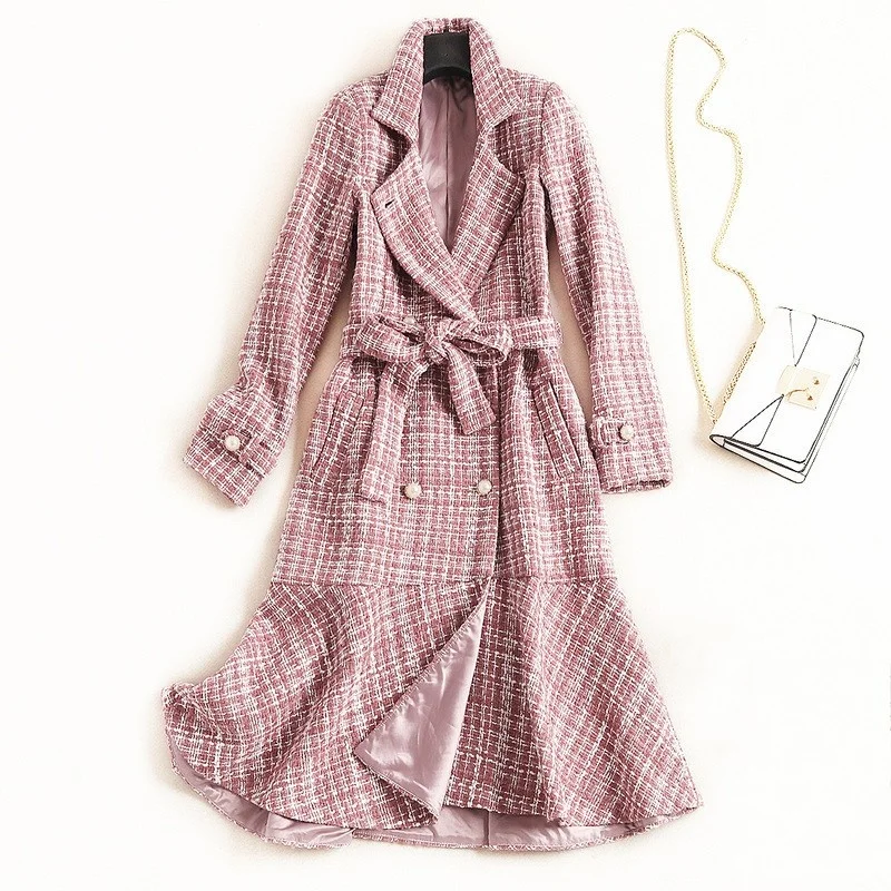 Quality High Womens Trench Coat Fashion Plaid Double Breasted Ruffles Outerwear Female Brand Elegant Slim Fit Belt Long Coat