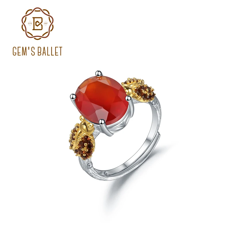 GEM'S BALLET Natural Oval Red Agate Smoky Quartz Gemstone Rings Handmade 925 Sterling Silver Adjustable Ring For Women Jewelry