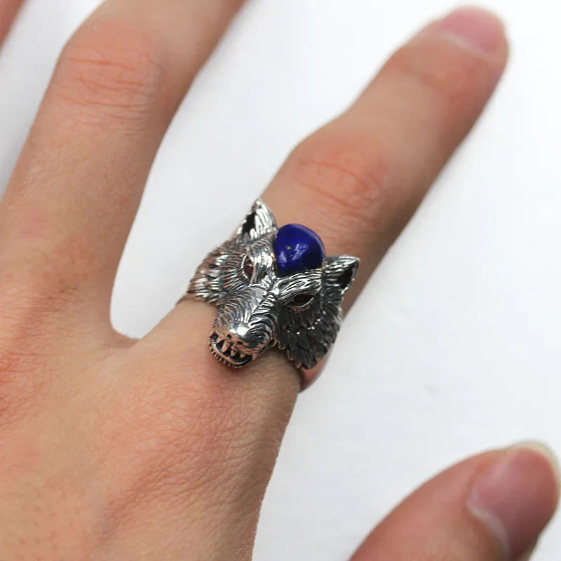 925 Silver Ring, Natural Lapis Lazuli Inlaid With Wolf Head, Old Hand-Carved Silver Ring