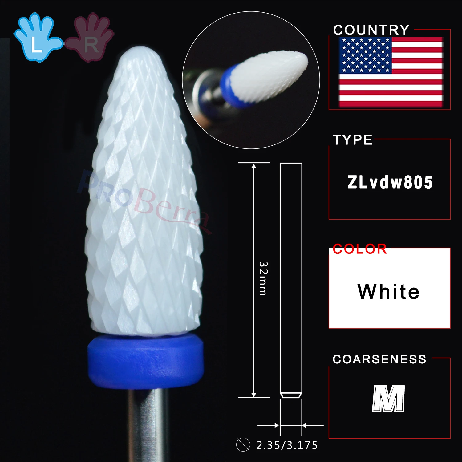 RolinStar White Ceramic Left Handed Person Flame Bit designated milling cutters removel gel polish varnish Nail Drill Bit