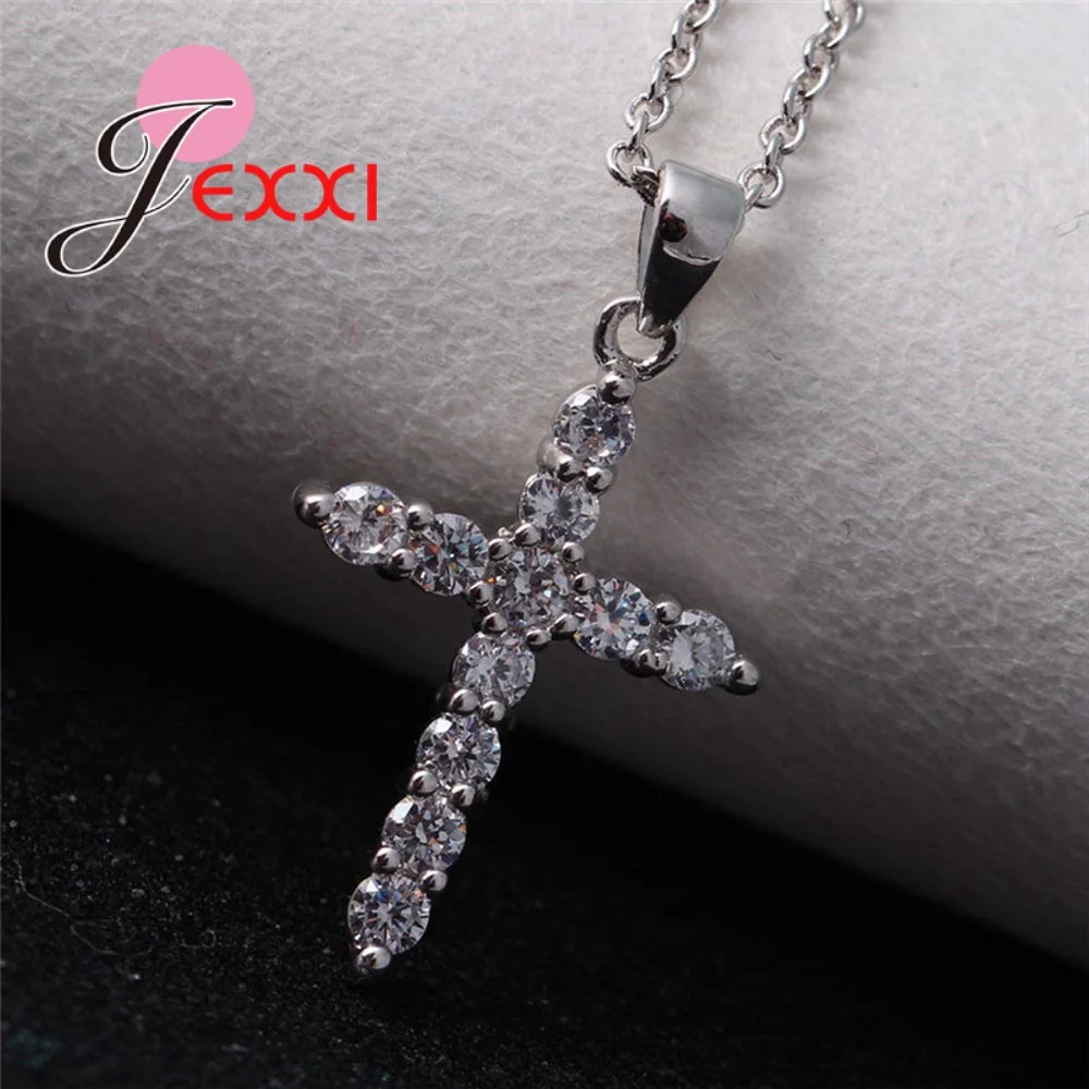 Big Promotion High Quality Korean Style Genuine 925 Silver Needle Charm Necklace Cross Shape Pendant Paved With Bright Crystal