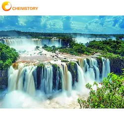 CHENISTORY Oil Paints By Numbers For Adults Green Tree Waterfall Landscape Painting By Number Kits Acrylic Pigment Linen Canvas