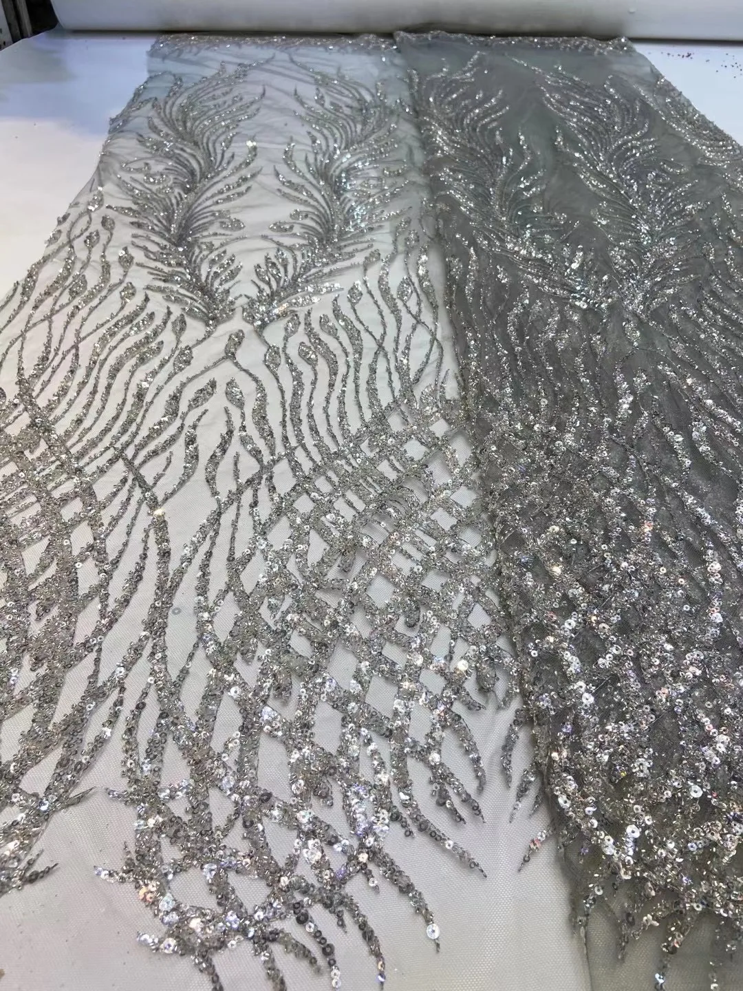 

(5yards/pc) High grade embroidered French net lace grey African tulle lace fabric with sequins and beads embroidery FXZ051
