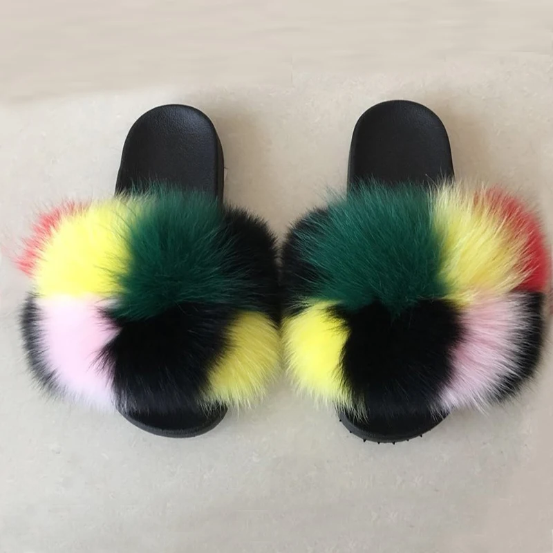 2020 Baby Fur Slides fur sliders Real Fox Fur Slides Slippers Furry Slippers Toddler Soft Children Fox Fur Slippers Kids Sandal