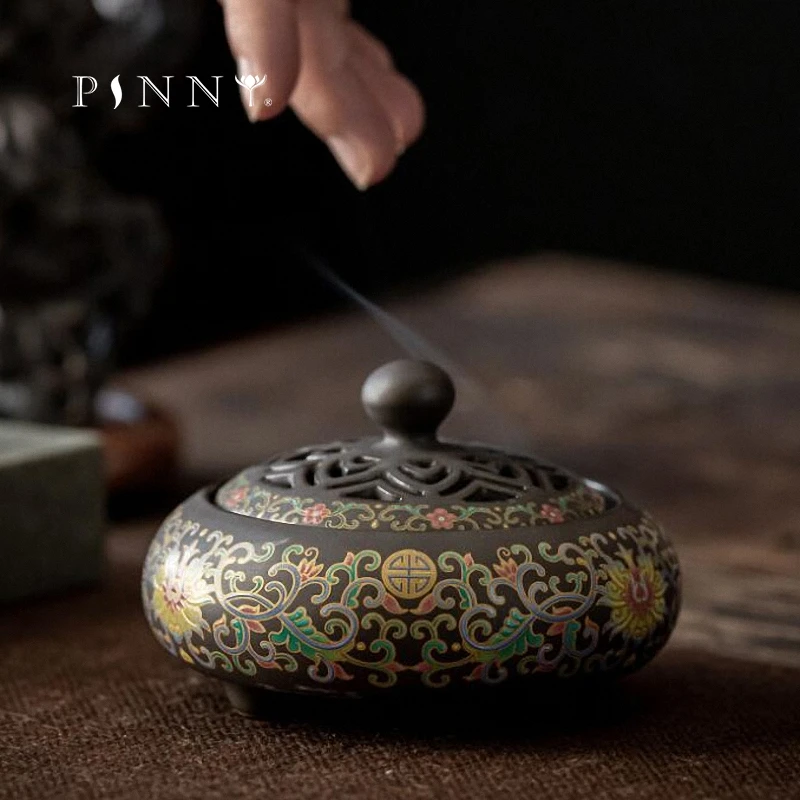 

PINNY Large Enamel Carved Ceramic Incense Burner Cloisonne Chinese Retro Sandalwood Censer Coil Incense Base Temple Ornaments