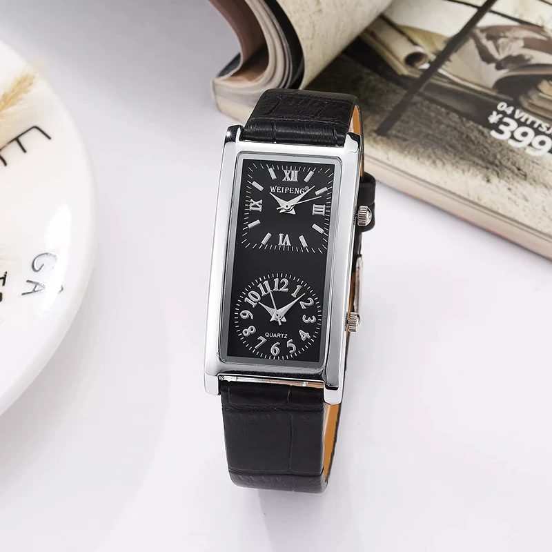 New Style Brand Fashion Casual 2 Dial Time Zone Quartz Ladies Clock Black White Elegant Leather Bracelet for Woman Watch