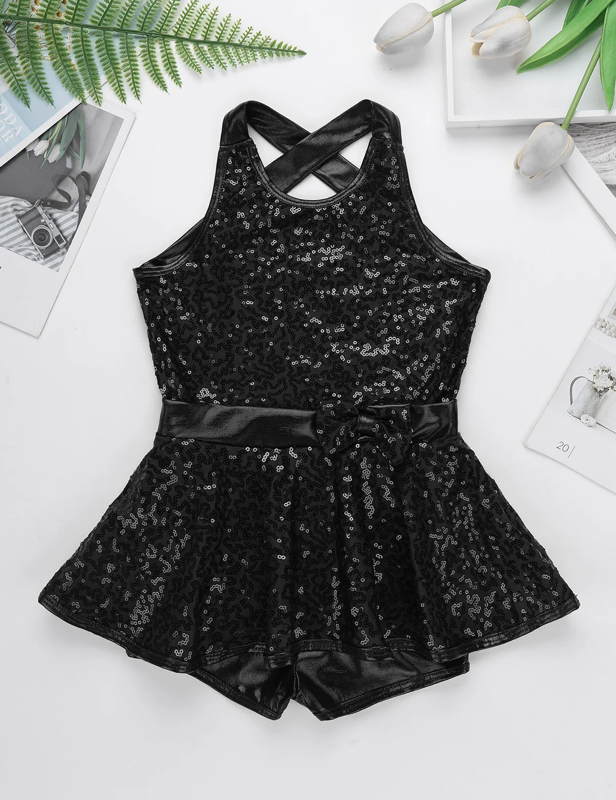 Kids Girls Ballet Dance Leotard Dress Jazz Modern Dance Jumpsuit Sleeveless Shiny Sequins Criss Cross Back Waist Bowknot Dress