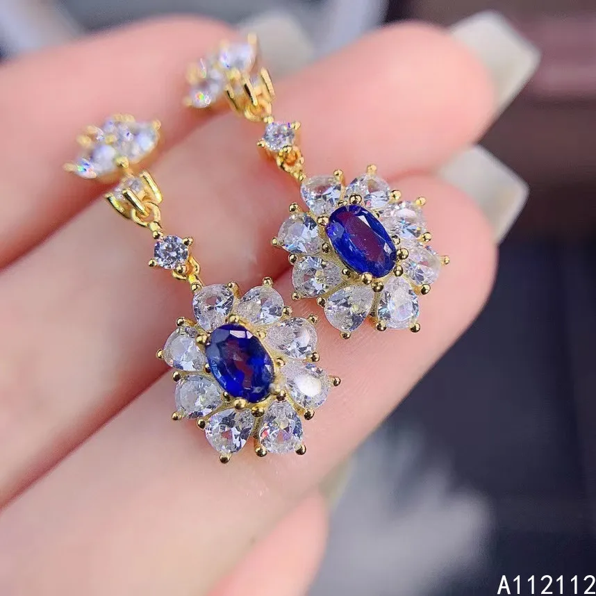 

Fine Jewelry 925 Sterling Silver Inset With Natural Gems Women's Luxury Vintage Flower Sapphire Earrings Ear Stud Supports Detec