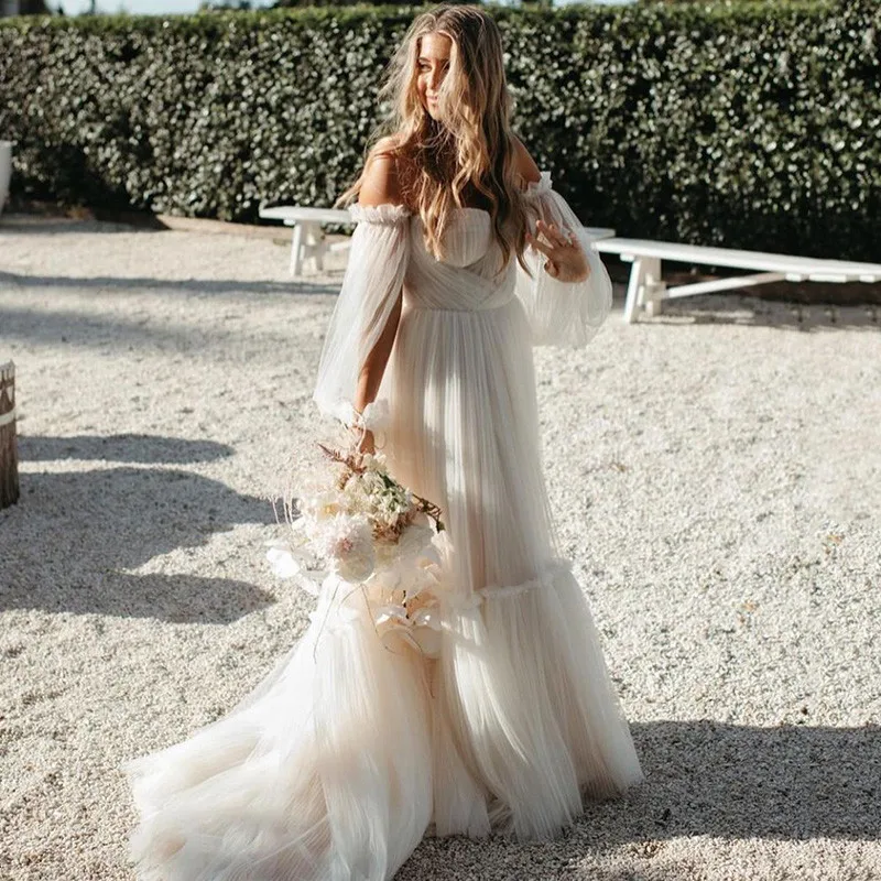 2022 New Designer Romantic Beach Wedding Dress Women Summer Fairy Boho Bridal Dresses Puff Long Sleeve Wedding Gowns Tulle