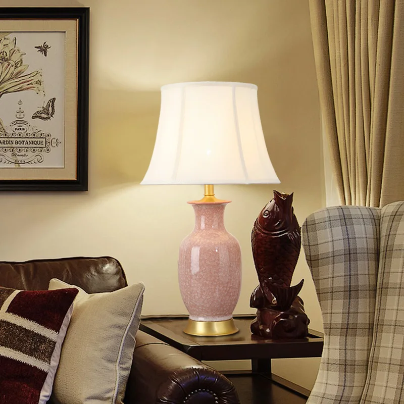 OURFENG Luxury Table Lamps Pink Ceramic Copper Bedside Desk LED Lamp Decorative For Home Study Foyer Office Bed Room