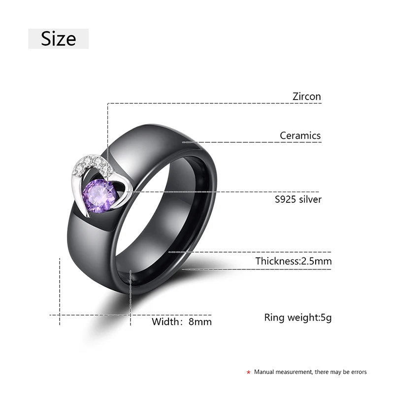 925 Sterling Silver Heart Ceramic Ring Black White Ceramic Rings For Women With Purple Crystal Wedding Engagement Jewelry Gifts