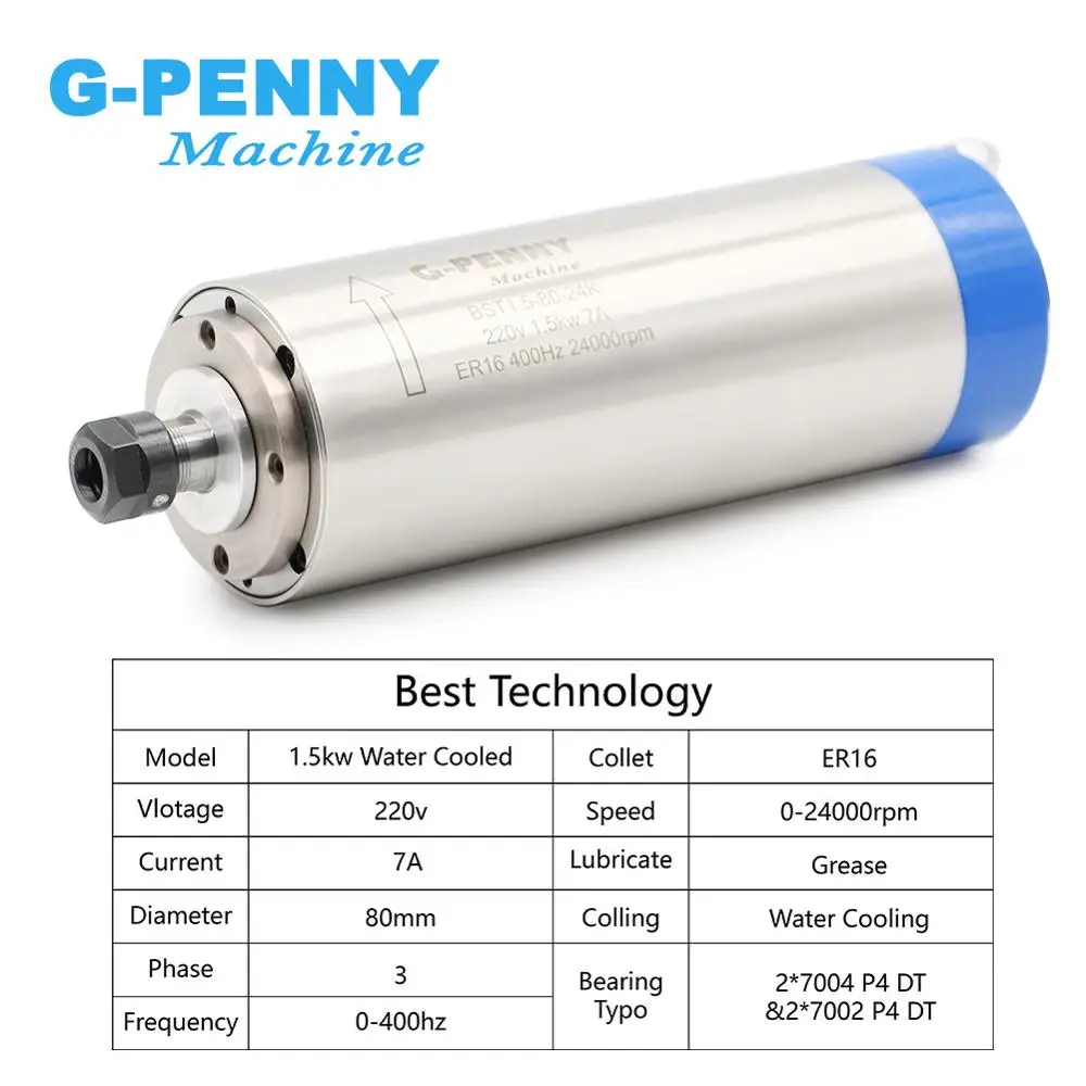 G-Penny 220v/380v 1.5kw Water Cooled Spindle ER16 400Hz Water Cooling Spindle Motor 80x220mm 4 bearings CNC Engraving Drilling