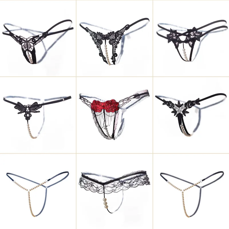 Sexy Lingerie Women Lace Panties Thongs Pearl Pendant Lace Embroidery G-String T-Back Briefs Underwear Free Size Ladies Panties