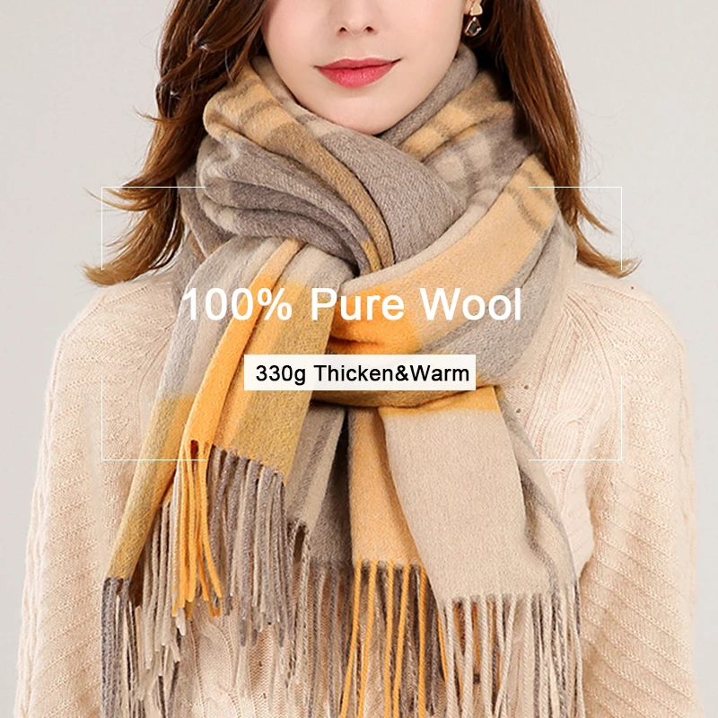 Plaid Wool Scarf Women With Tassel Winter Warm Blanket Bufandas Shawl Wraps 100% Pure Wool Cashmere Scarves Foulard Femme