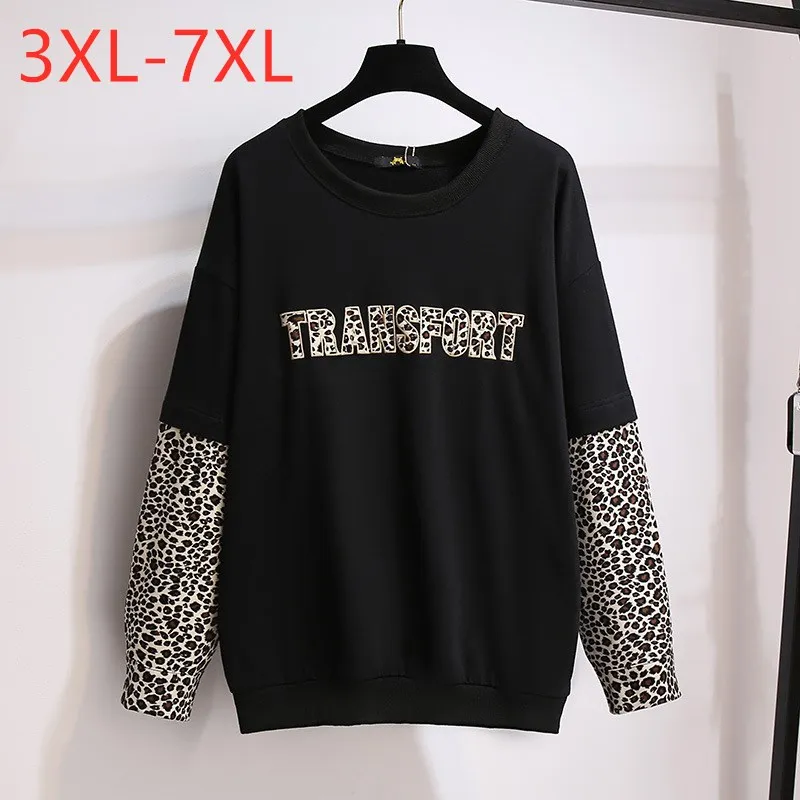 Nieuwe Herfst Winter Plus Size Tops Voor Vrouwen Grote Losse Lange Mouw Zwarte Luipaard Print Dikke Katoenen T-shirt 7XL