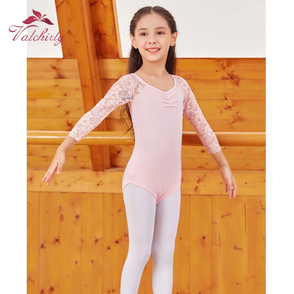 New Pink Ballerina Costume Kids Dance Leotard Tutu Dress Long Sleeves Flower Lace Dancewear for Girls