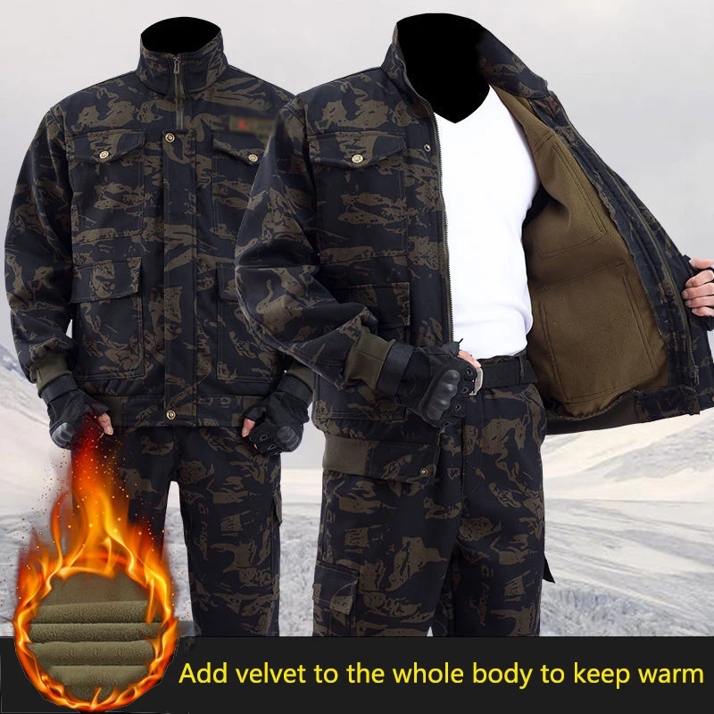 Men\'s Plus Velvet Overalls Thickened Autumn And Winter Windproof Warmth Wear-resistant Camouflage Suit Labor Insurance Clothing