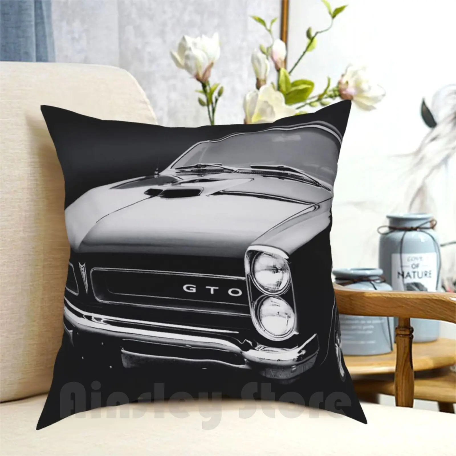 1965 Pontiac Gto B / W Pillow Case Printed Home Soft Throw Pillow Automotive Car Transportation Auto Cars Garage Car