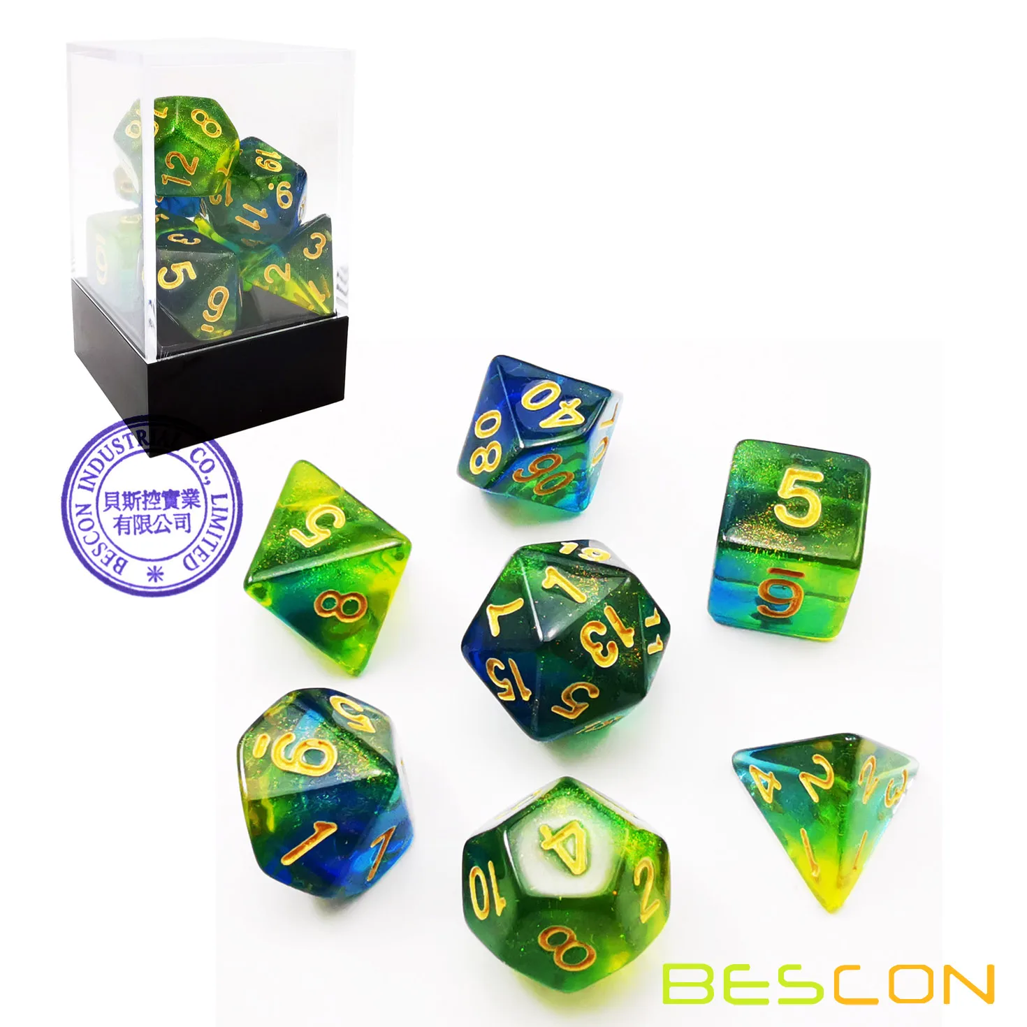 Bescon New Moonstone Dice Azure Stone, Polyhedral Dice Set of 7