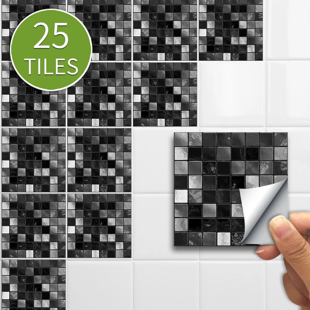 25pcs PVC Black Mosaic Tile Wall Sticker Self-Adhesive Waterproof Tiles Decals Kitchen Home Floor Decor Floor Stickers