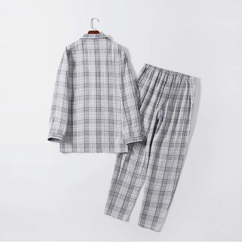 Conjuntos de pijama xadrez casual masculino, terno de pijama masculino, camisa e calça de gola virada para baixo, manga comprida, 100% algodão, primavera, outono, 2024