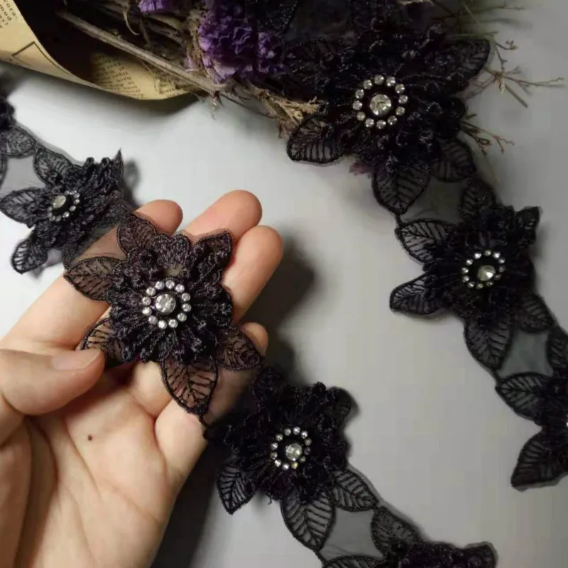 

20pcs/lot Black Pearl Flower Organza Embroidery Fabric Lace Patch Trim Clothes Beading Flower Wedding Dress DIY Applique 6.5cm