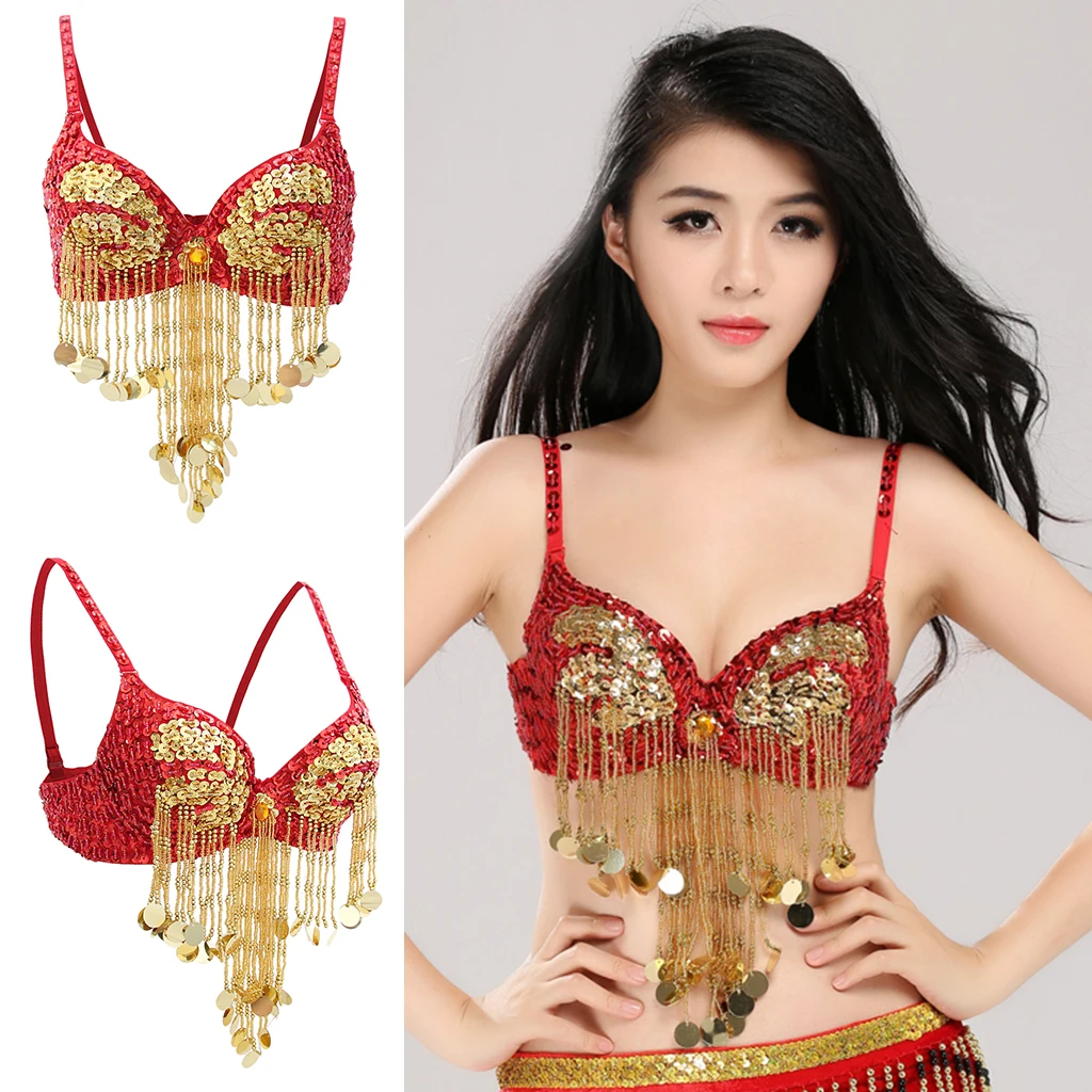 Women Sparkling Sequins Tassels Bra Top Raves Belly Dance Club Wear