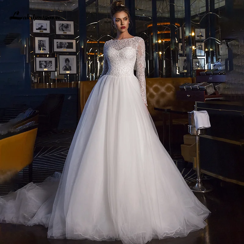 Lakshmigown A-lijn Bruidsjurk Met Lange Mouw Luxe Kralen Kant Applicaties Sexy Tulle Prinses Bruid Toga Vestido De Noiva