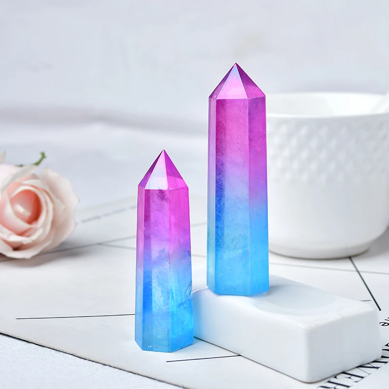 Natural Aura Clear Quartz Purple and Blue Crystal Point Electroplating Wand Healing Stone Energy Quartz Reiki Tower Gifts