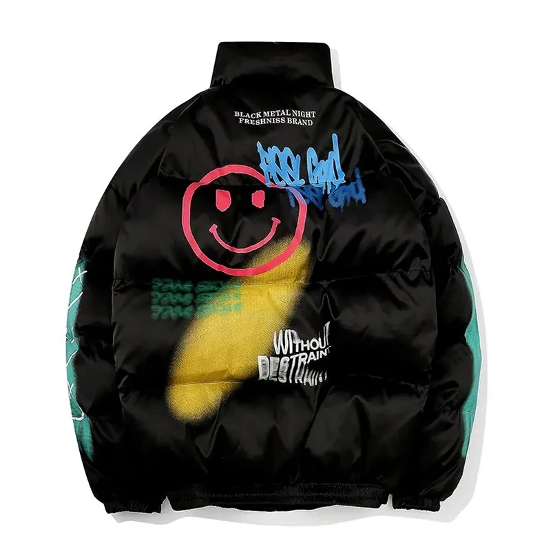 Inverno puffer jaquetas homem letras smiley impressão oversized engrossar parkas à prova de vento casal hip hop simples casual quente para baixo casaco