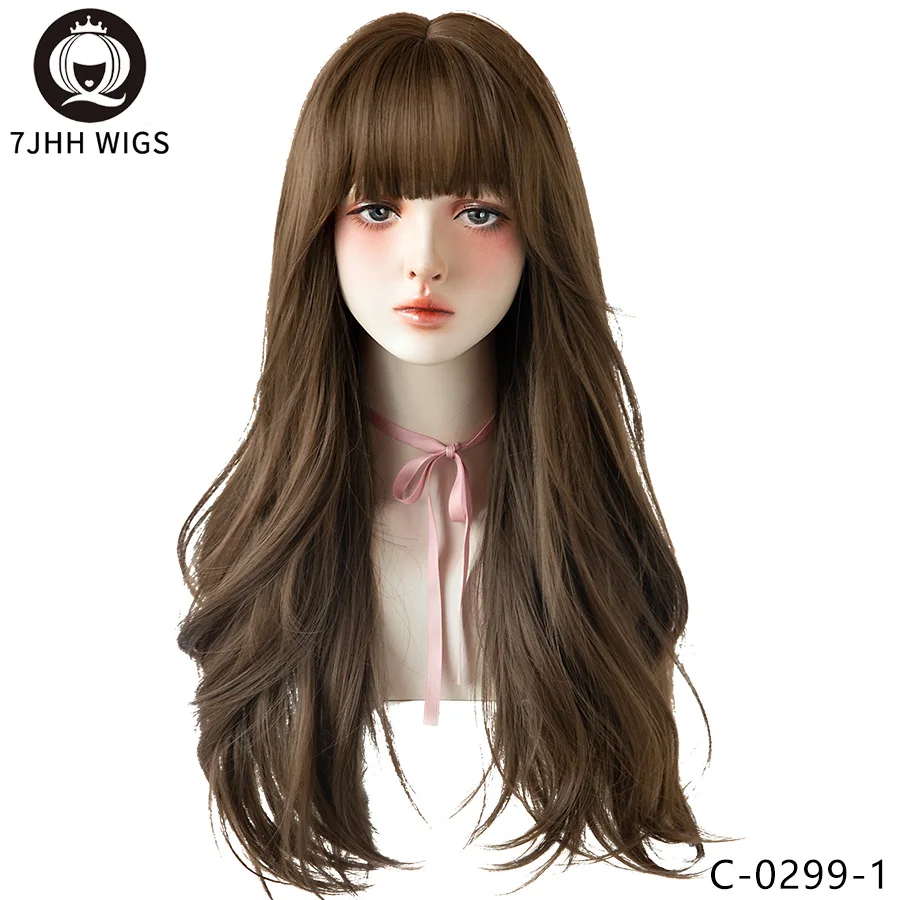 Women's Black Brown Long Wavy Synthetic Wig with Fluffy Bangs