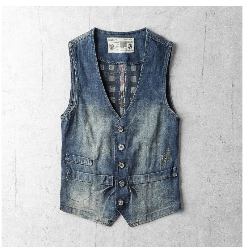 Denim Biker Men's Men Casual V collar Button Blue Slim Vintage Sleeveless Jacket Fashion Suit Vest