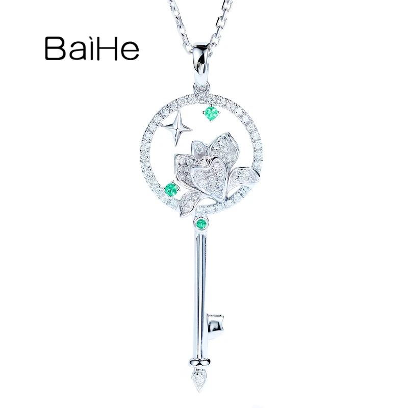 

BAIHE Solid 18K White Gold Natural Emerald Diamond Casual Versatility Flower Key Pendant Women Trendy Gift Fine Jewelry 펜던트