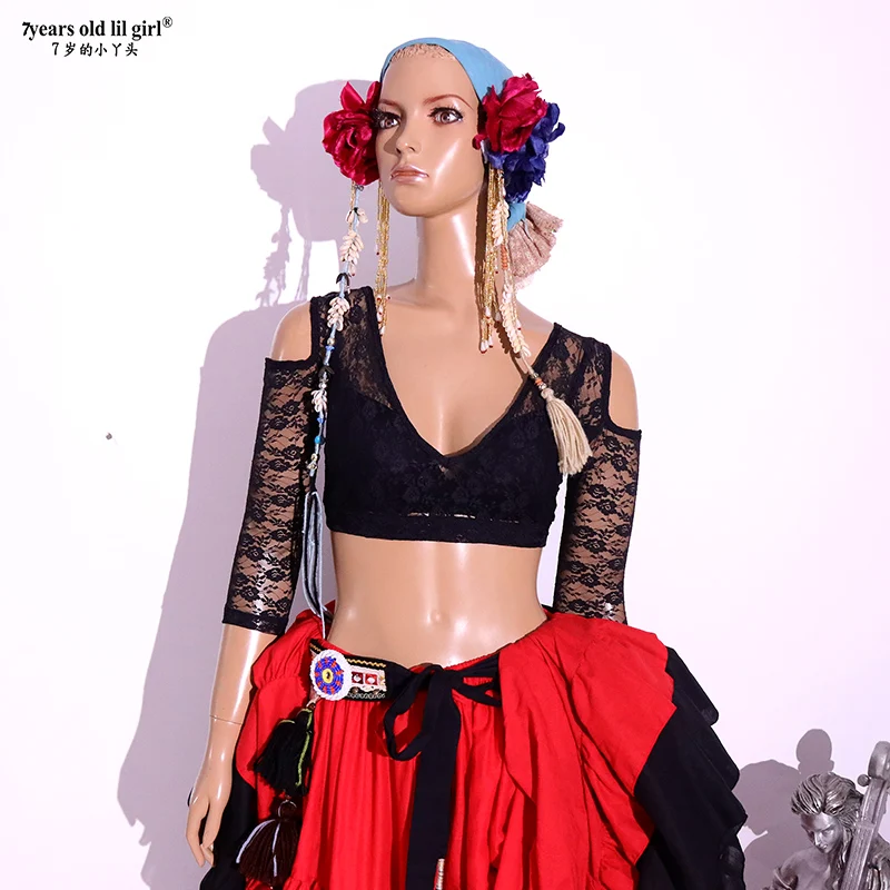 Costume de danse du ventre pour femme, haut Ats, dentelle tribale, choli, manches longues, BNN26