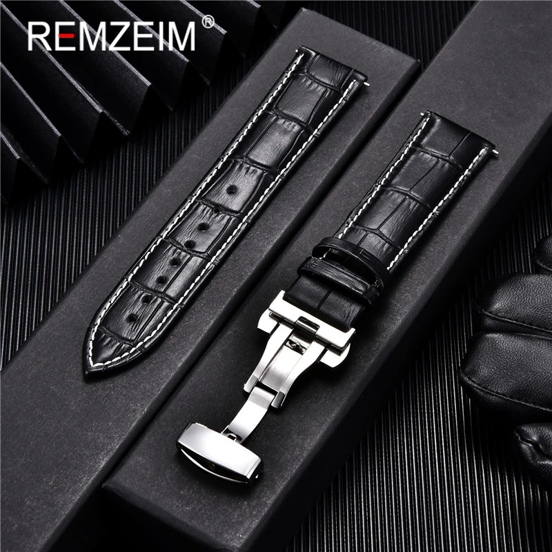 REMZEIM Leather Watchband Strap 18/20/22/24MM Calfskin Watch Band Stainless Steel Buckle Watch Accessories Black Brown