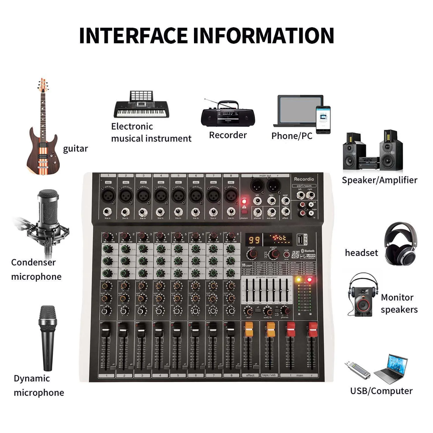 GAX-CY8 USB Bluetooth 8 canaux 48V Phantom Power Sound Board Music Reverb Audio Console centre commercial pour PC Stage Studio DJ