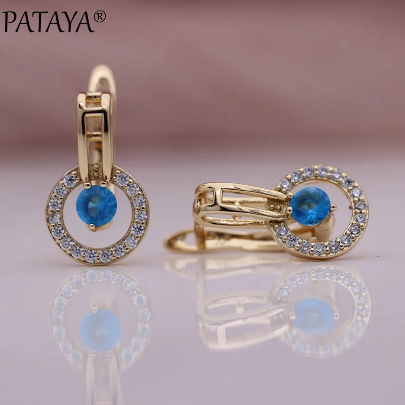 PATAYA New Sea Blue Round Natural Zircon Dangle Earrings Women Hollow Unique Earring 585 Rose Gold Color Fine Fashion Jewelry