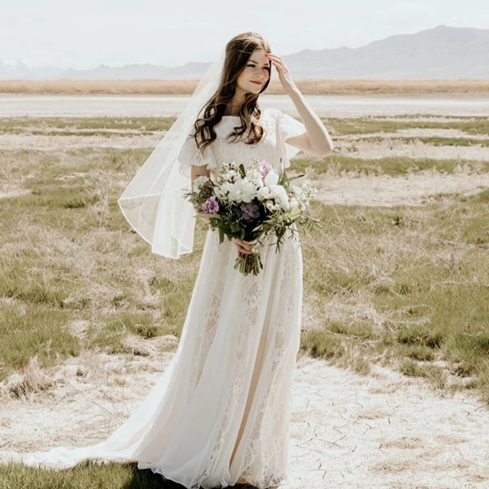 Fotos reais do laço boêmio barco pescoço vestido de noiva chiffon mangas curtas praia país feito sob encomenda boho destino casamento vestidos