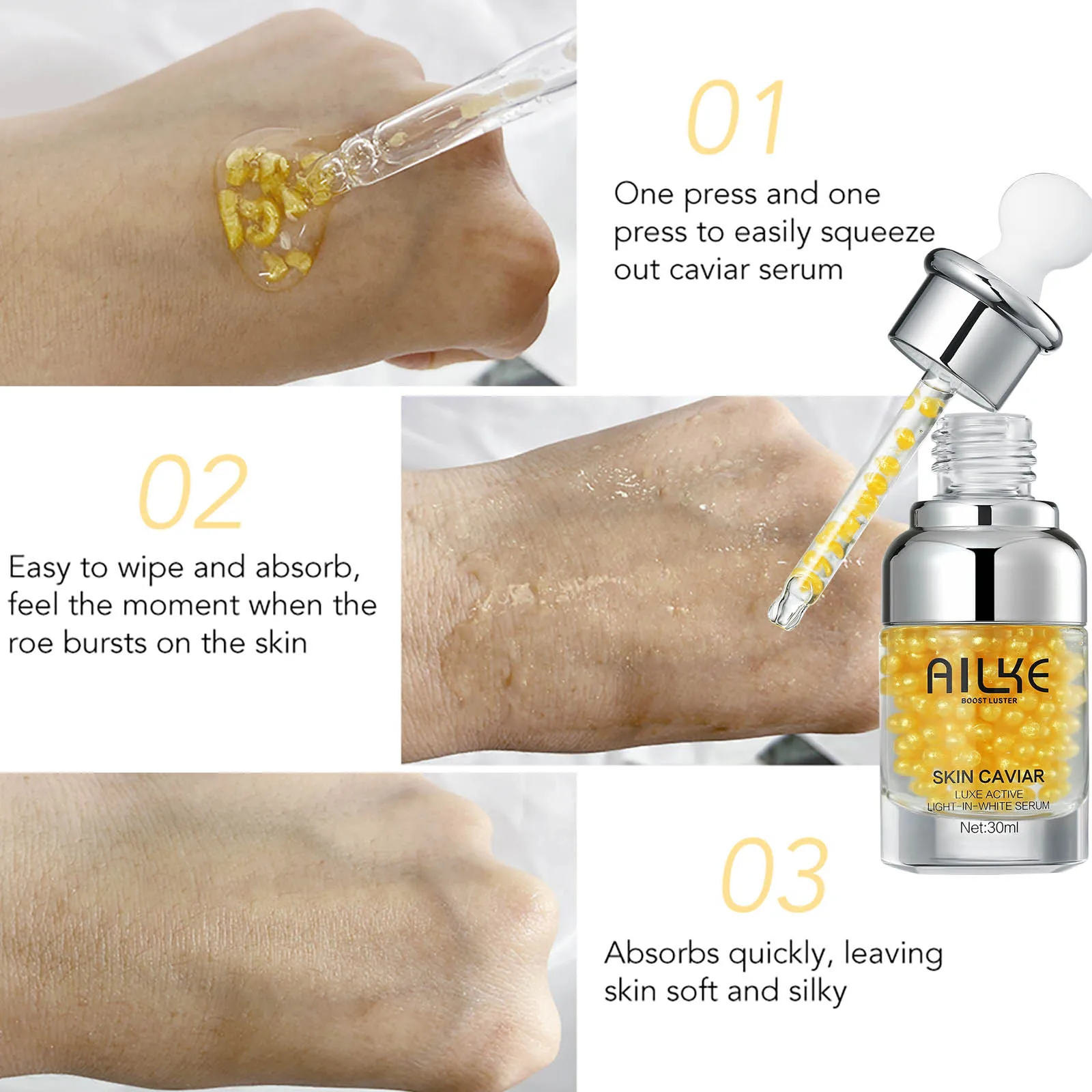 Zdjęcie 5: AILKE Caviar Extract Whitening Face Essence, redukuje zmarszczki, drobne linie, nawilża, z serum do twarzy z hialuronatem sodu