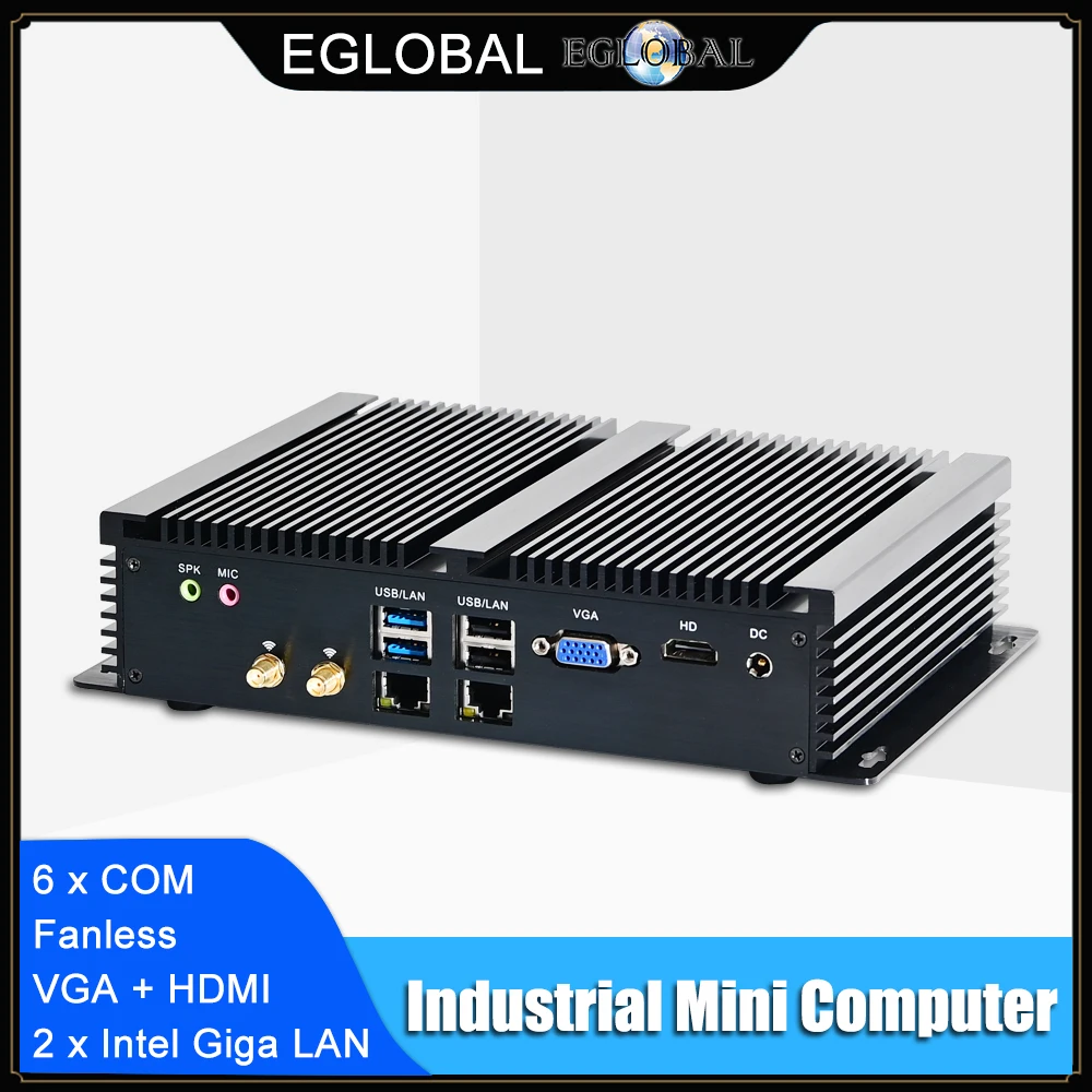 Eglobal 6 COM komputer Windows Linux Barebone System 2 Lan przemysłowy bez wentylatora Mini PC 7*24 godziny pracy 4 USB 2.0 4USB 3.0 WIFI