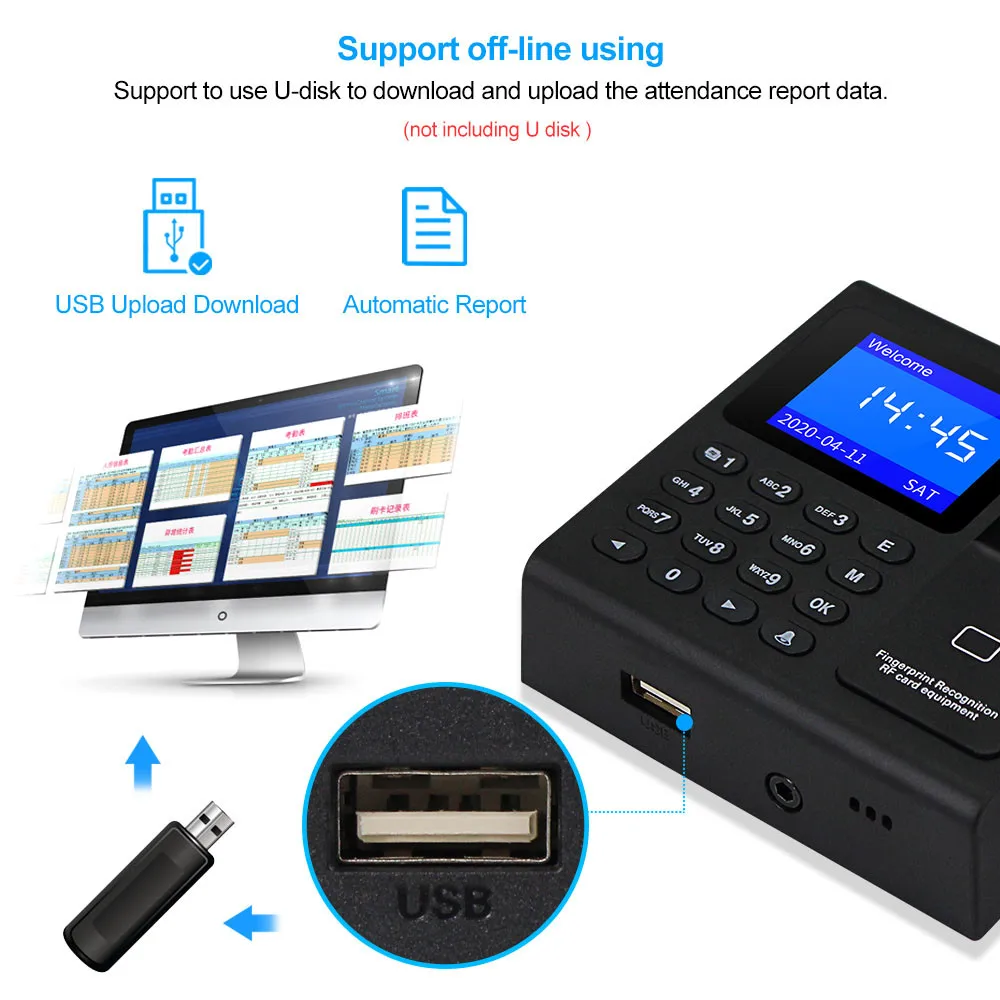 Biometric RFID Access Control System RFID Keypad USB Fingerprint System Electronic Time Clock Attendance Machine +10pcs Keyfobs