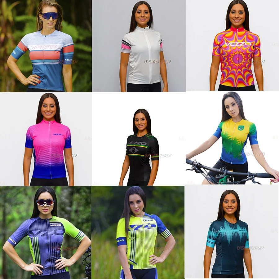 

2021VEZZO Women's Professional Short Sleeve Cycling Clothing Breathable Go Pro Bicycle Jersey Roupa De Ciclismo Ladies MTB Wear