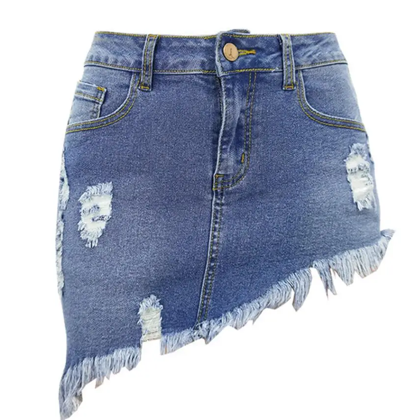 

Sexy Ripped Hole Tassel Jean Skirts Women Casual High Waist Asymmetrical Mini Denim Skirts Summer Women Party Club Short Skirt