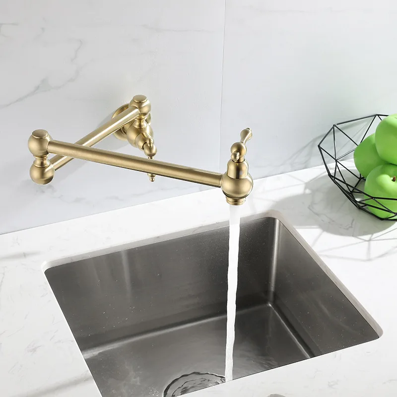 Tuqiu Pot Filler Tap Wall Mounted Foldable Brushed Gold Kitchen Faucet Single Cold  Sink Tap Rotate Folding Spout Chrome Brass